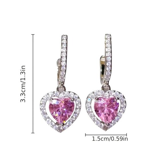 Heart-Shaped Pink Gemstone Drop Earrings With Pave-Set CZ & Silver‎ Tone - Picture 3 of 4